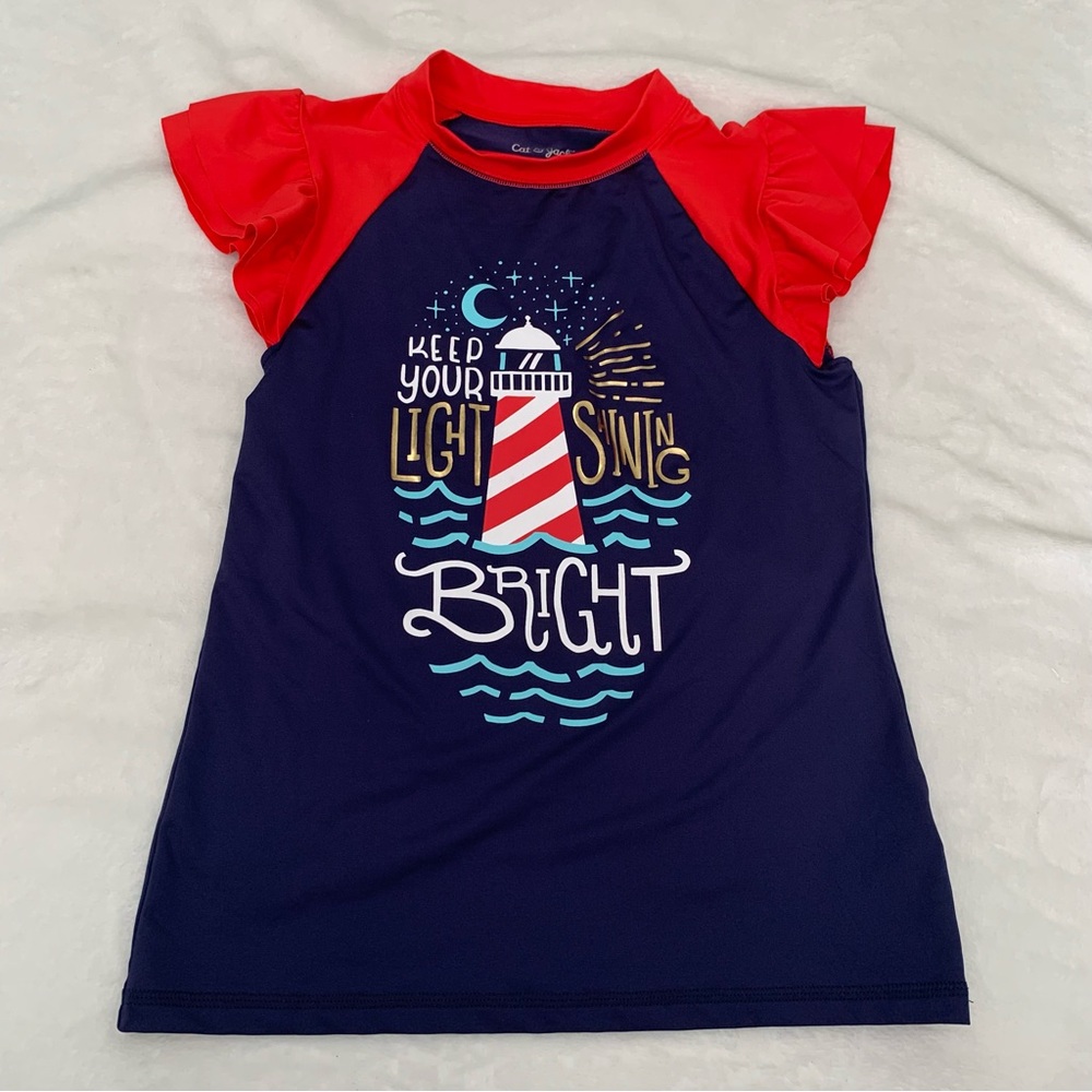 5/$25 Cat & Jack Girls Rash Guard Navy Red Lighthouse Ruffle Swim Top L 10/12